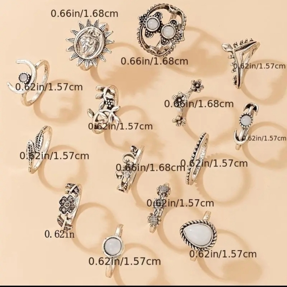 NWT Vintage Boho Joint Ring Set - 14 Pcs with Leaf, Moon, Flower Accents - Picture 4 of 7